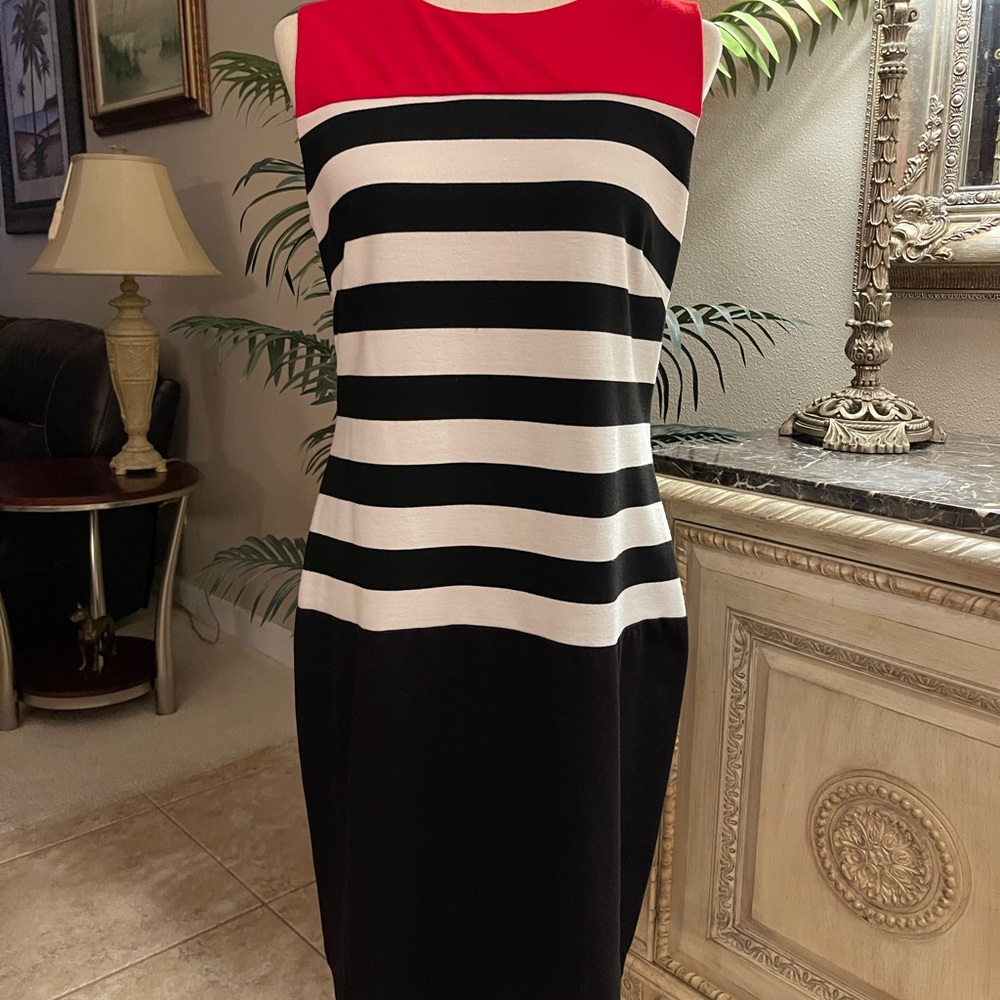 Ronnie Nicole - Striped Black and White Shift Dress with Red Accent